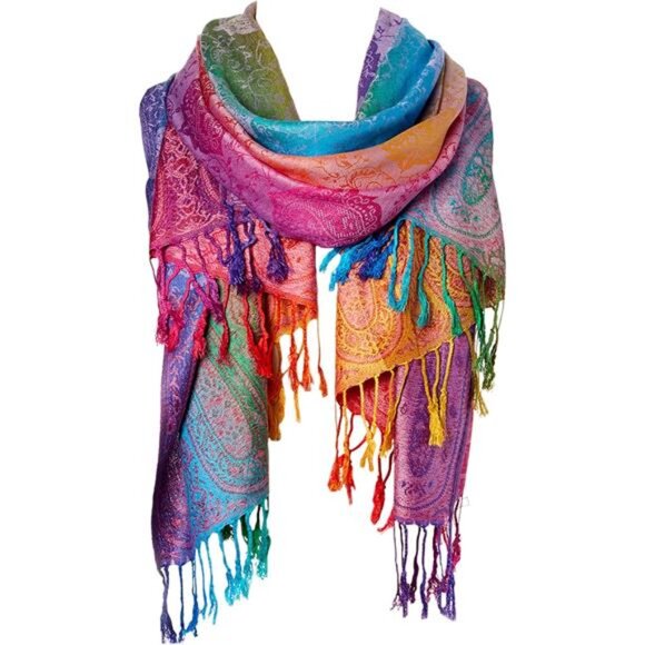 womens silk scarf satin shawl wrap long lightweight fringe print gift accessory - Picture 1 of 7